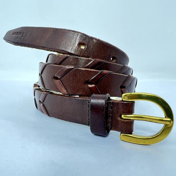 Lauren Ralph Lauren Belt Women Medium Brown Thick Plaited Leather Brass Buckle - Picture 1 of 8